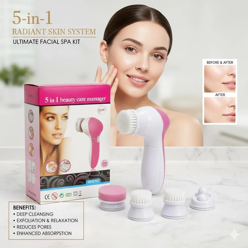 5-in-1 Facial Spa Kit with 5 Interchangeable Heads, White, Portable, Deep Cleansing & Circulation Boosting