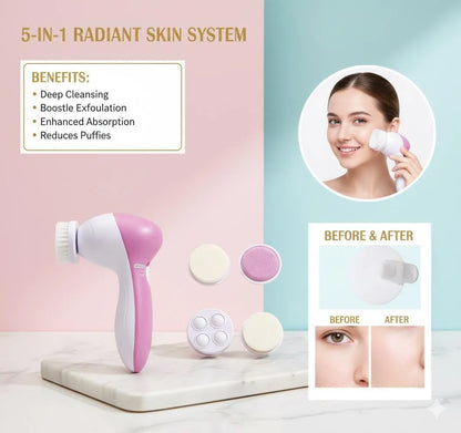 5-in-1 Facial Spa Kit with 5 Interchangeable Heads, White, Portable, Deep Cleansing & Circulation Boosting