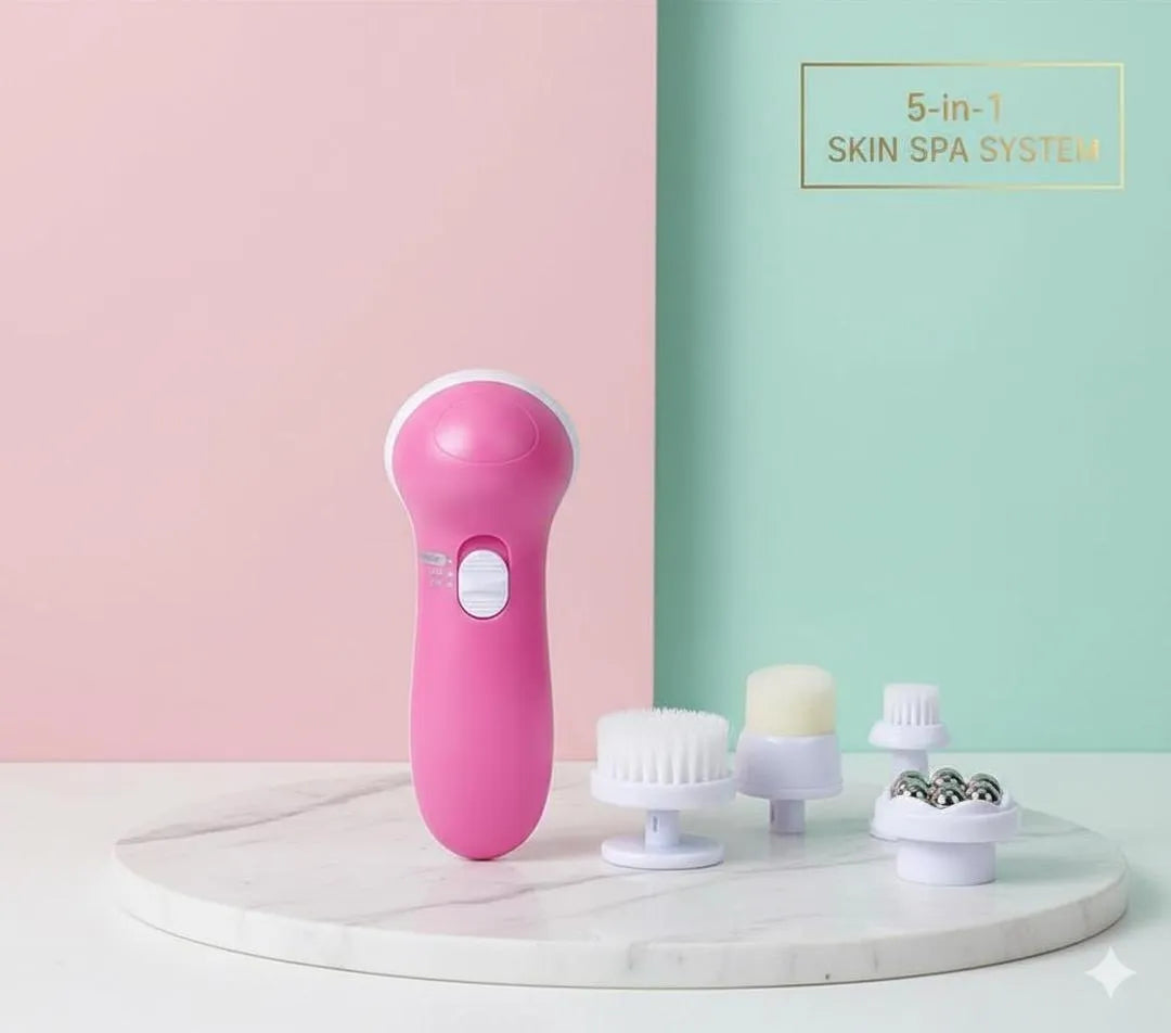 5-in-1 Facial Spa Kit with 5 Interchangeable Heads, White, Portable, Deep Cleansing & Circulation Boosting
