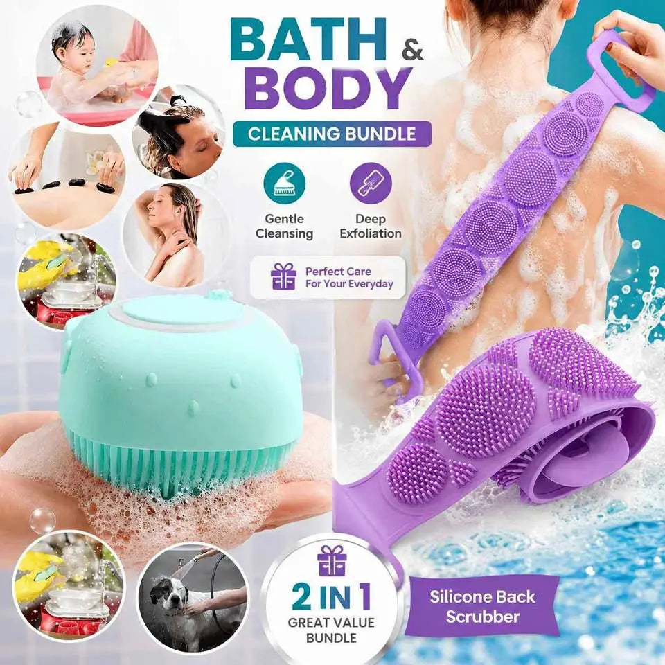 2 in 1 Silicone Bath & Body Cleaning Bundle – Back Scrubber Belt & Soft Body Scrub Brush for Deep Exfoliation Loved by 5+