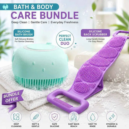 2 in 1 Silicone Bath & Body Cleaning Bundle – Back Scrubber Belt & Soft Body Scrub Brush for Deep Exfoliation Loved by 5+