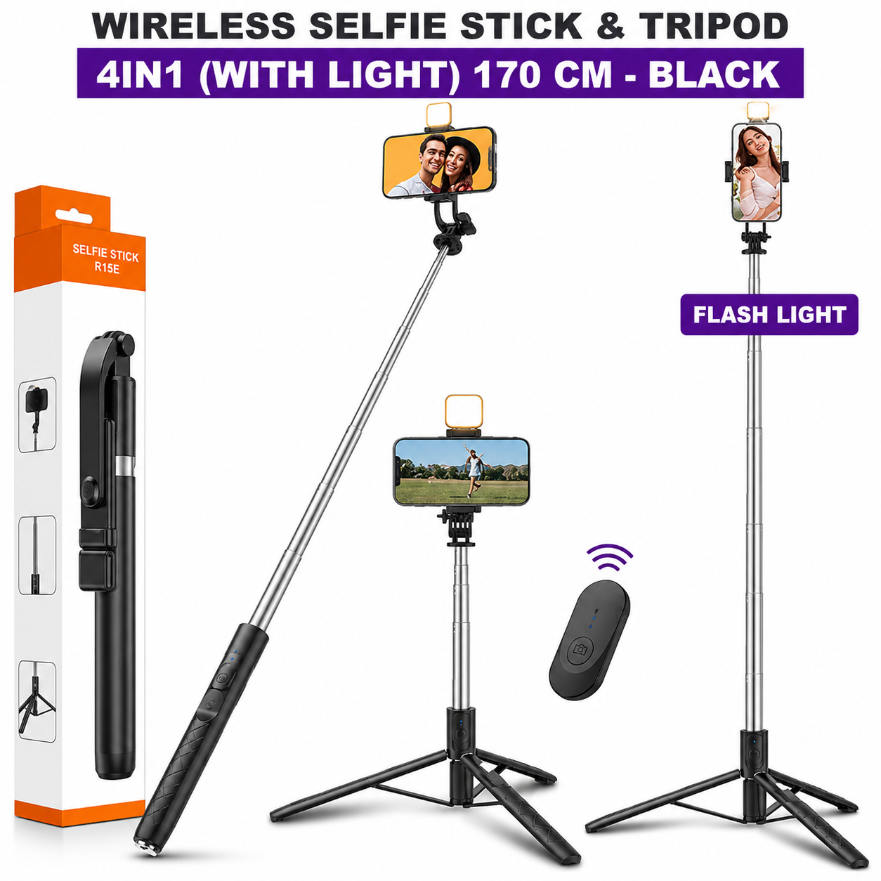 4-in-1 Wireless Bluetooth Selfie Stick Tripod Stand with Remote Control & LED Light – Portable Foldable Phone Holder