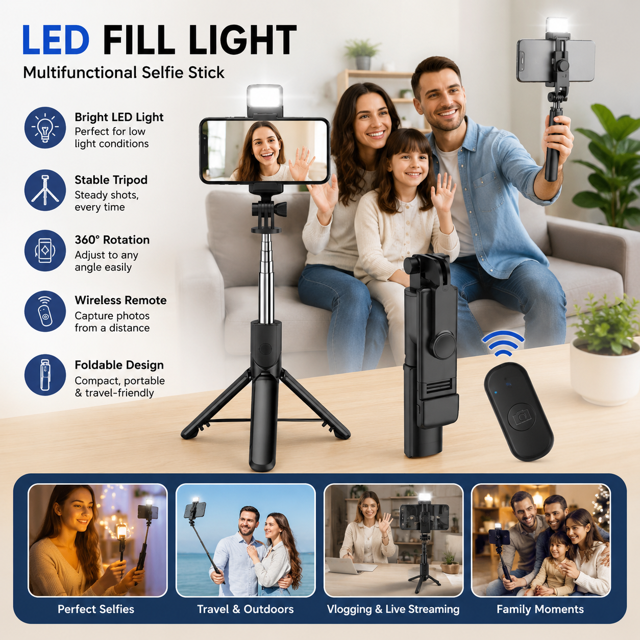 4-in-1 Wireless Bluetooth Selfie Stick Tripod Stand with Remote Control & LED Light – Portable Foldable Phone Holder