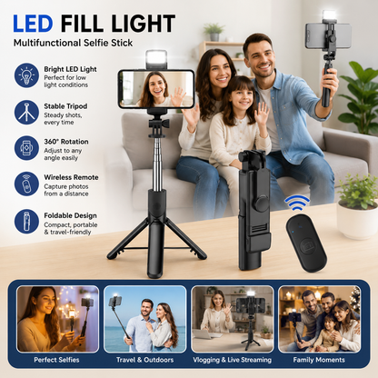 4-in-1 Wireless Bluetooth Selfie Stick Tripod Stand with Remote Control & LED Light – Portable Foldable Phone Holder