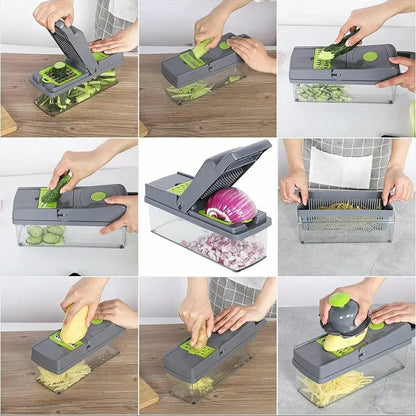 16-In-1 Multifunctional Vegetable Chopper & Slicer with Colander Basket and Storage Container – Heavy Duty Manual Food Cutter
