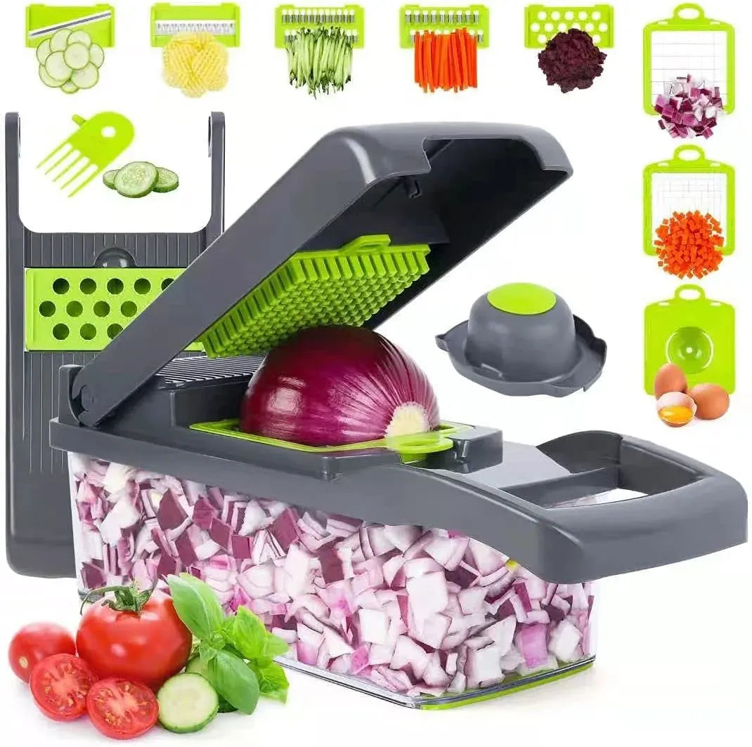 16-In-1 Multifunctional Vegetable Chopper & Slicer with Colander Basket and Storage Container – Heavy Duty Manual Food Cutter