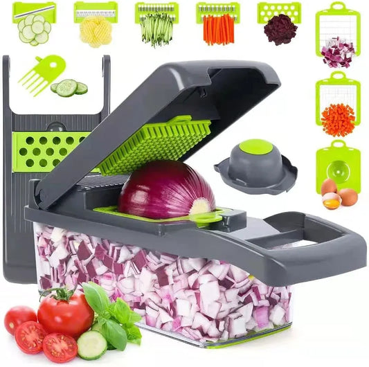 16-In-1 Multifunctional Vegetable Chopper & Slicer with Colander Basket and Storage Container – Heavy Duty Manual Food Cutter